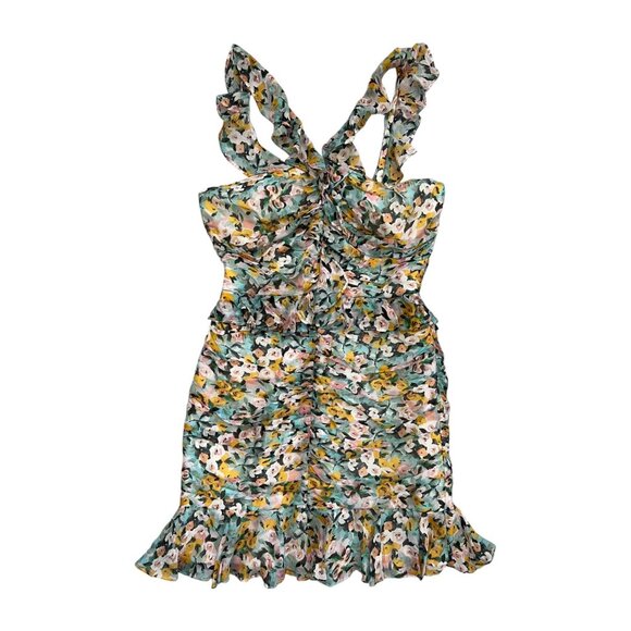 AMUR Elyse Silk Chiffon Floral Ruffle Bodycon Mini Dress Multicolor 6 Coquette - Picture 2 of 16